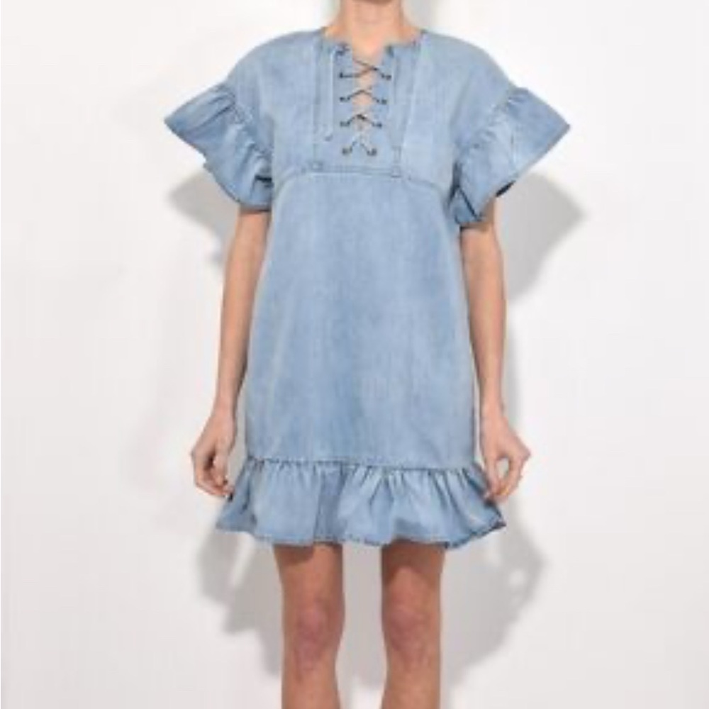 ULLA JOHNSON MARIANNE DENIM DRESS Size 8. 100% COTTON -With pockets on the sides